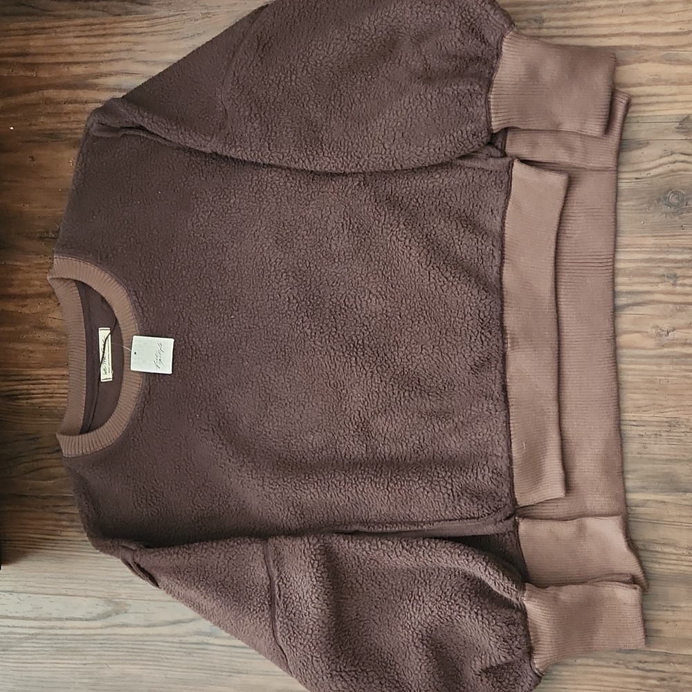 NEW FREE PEOPLE We The Free Brown Cozy Camden Sherpa Sweatshirt In sz Small
